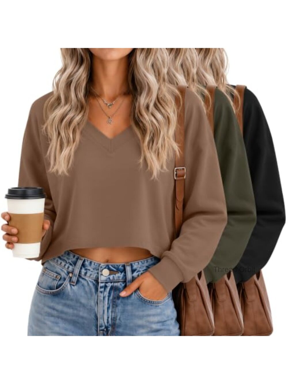 V Neck Long Sleeve Crop T-Shirts Polyester Cotton Spandex